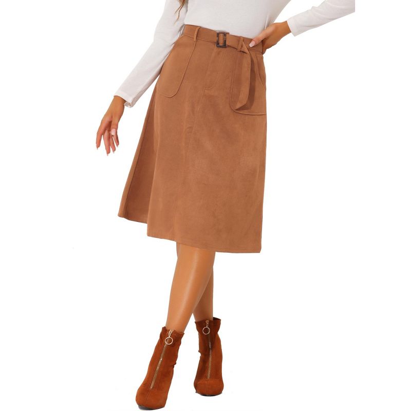 Allegra K Women's Casual Faux Suede Pockets Stretch A-line Midi Skirt with Belt, 1 of 7