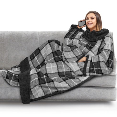 Pavilia Wearable Blanket With Sleeves And Foot Pockets, Fleece Warm Snuggle  Pocket Sleeved Throw For Women Men Adults, Plaid Navy/faux Shearling :  Target