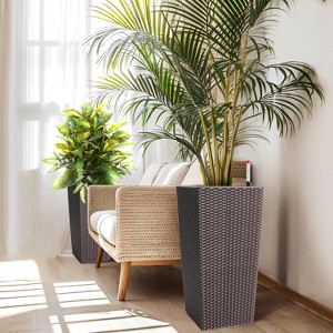 22.5” Tall Rattan Planter Set of 2 with Water Level Monitor, Wheels, and Trays for Indoor/Outdoor Use, Black - 1 of 4