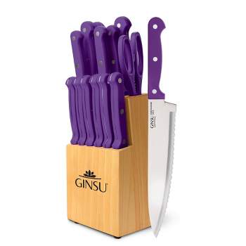 Ginsu Kiso Dishwasher Safe 14pc Knife Block Set Natural with Purple Handles