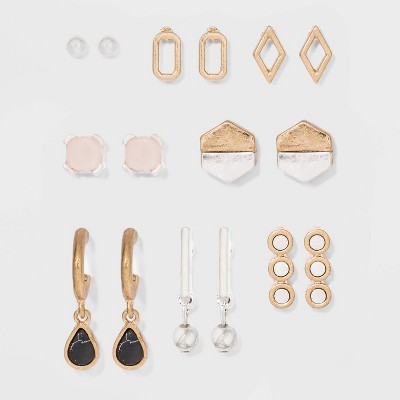 Geo Shape and Semi-Precious Stone Multi Stud Earring Set 8ct - Universal Thread™