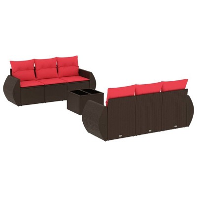vidaXL 7 Piece Patio Sofa Set with Cushions Brown and Red Poly Rattan