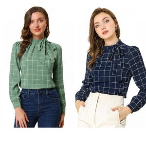 INSPIRE CHIC Women's Bow Tie Neck Keyhole Back Grid Checks Office Work Blouses 2 Packs - 1 of 4