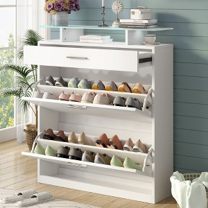 Slim Entryway Organizer with 2 Flip Drawers, Tempered Glass Top Shoe Storage Cabinet with Drawer, Free Standing Shoe Rack with LED Light for Hallway - 1 of 4