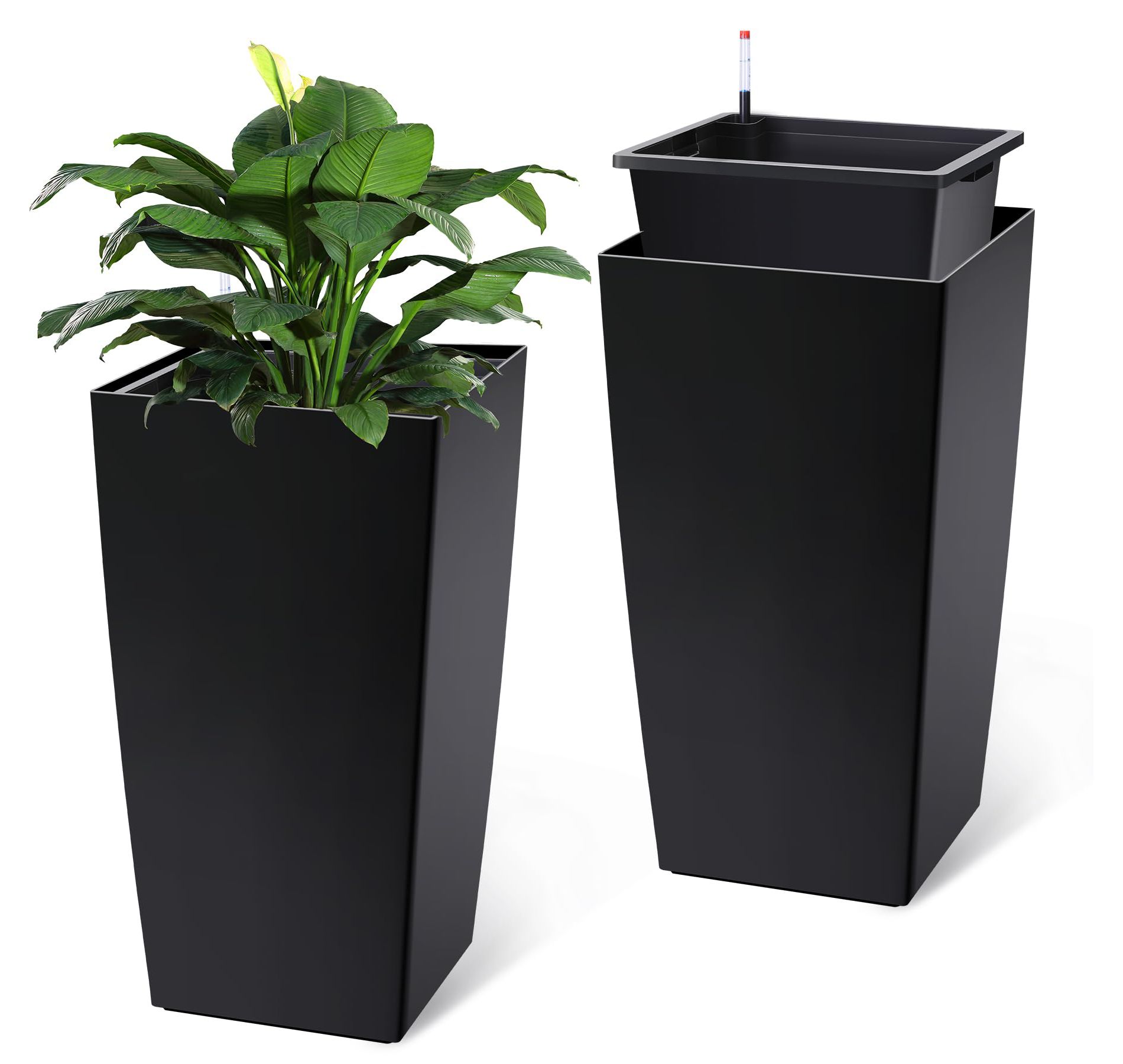 30" Tall Planters Set of 2, High Front Porch Planter Pots with Drainage Holes＆Water Level Monitor＆Inner Bucket, Automatic Watering
