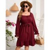 Coolmee Women's plus size Dress Casual Square Neck Dress Puff Long Sleeve Dresses High Waist Ruffle Midi Dress with Belt - 2 of 4