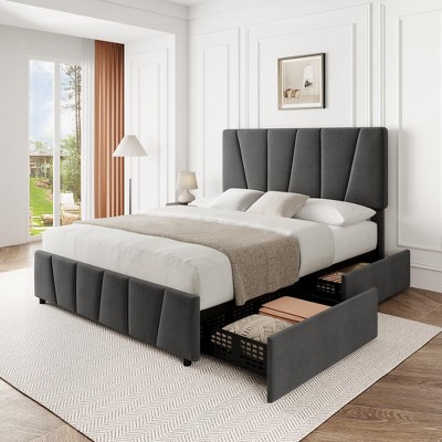 homfan Bed Frame with Storage Drawers and Linen Upholstery Headboard and Footboard, Mattress Foundation with Wooden Slats Support, Gray