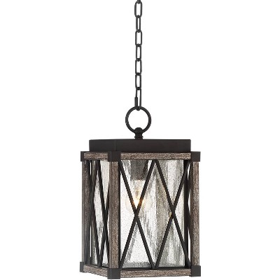 Possini Euro Design Rustic Outdoor Ceiling Light Hanging Bronze Wood 14 1/2" Clear Seedy Glass Lantern Exterior House Porch Patio