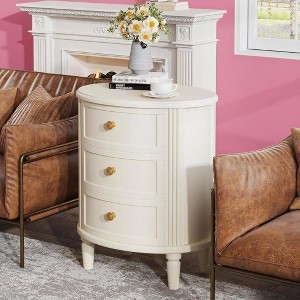ORRD Oval Wooden Nightstand with 3 Drawers, Hand-Painted Beige White Finish, Modern Farmhouse Style - 1 of 4