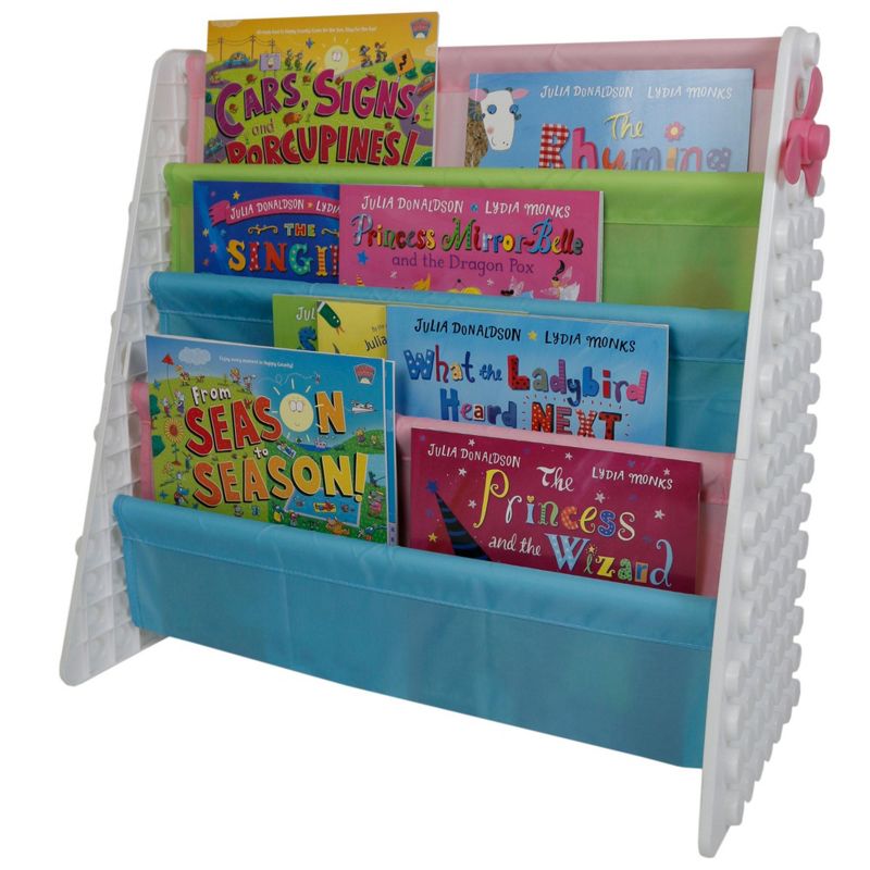UNiPLAY Kids Plastic Bookcase Display Storage Rack, 4 Tier Bookshelf with Stacking Block Play Side Panels, 2 of 7