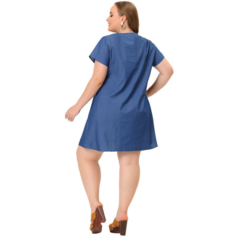 Agnes Orinda Women's Plus Size Solid Pleat Short Sleeve V Neck Chambray A Line Dresses, 5 of 7