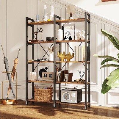 Aoxun 5 Tier Wood Bookshelf Set of 2, Book Shelf with 10 Open Display Shelves & Metal Frame, Brown