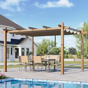10x10ft Outdoor Aluminum Pergola Retractable UPF50+ Canopy, Wood Grain Frame, Khaki Curtain, Tool-Free Assembly - 1 of 4
