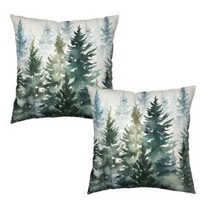Watercolor Dark Green Tree Pillow Covers 18X18 Set of 2 Rustic Nature Forest Throw Pillow Cover - 1 of 4