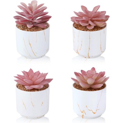 BRINJOY Succulent Artificial Plants, 4 Cute Fake Succulents in White Ceramic Pots, Small Fake Plants for Desktop Decoration