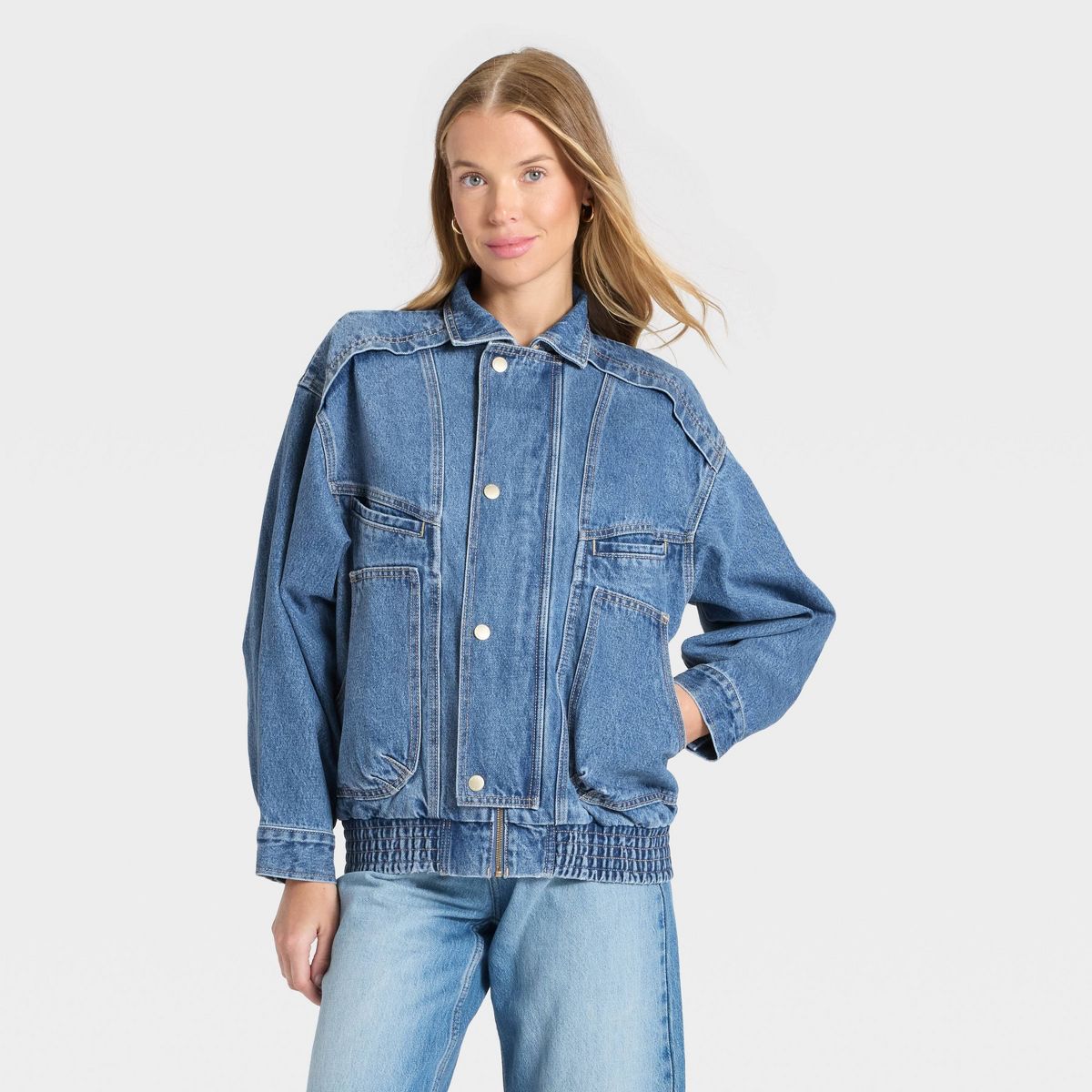 Women's Relaxed Denim Bomber Jacket - Universal Thread Medium Wash