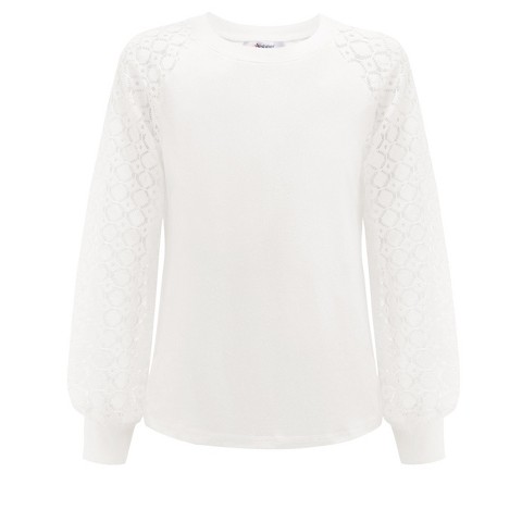 Arshiner Girls Tee Tops Lace Raglan Girls Tops Crewneck Long Sleeve Blouse for Kids Soft Casual Kids Clothes White 7-8 Years