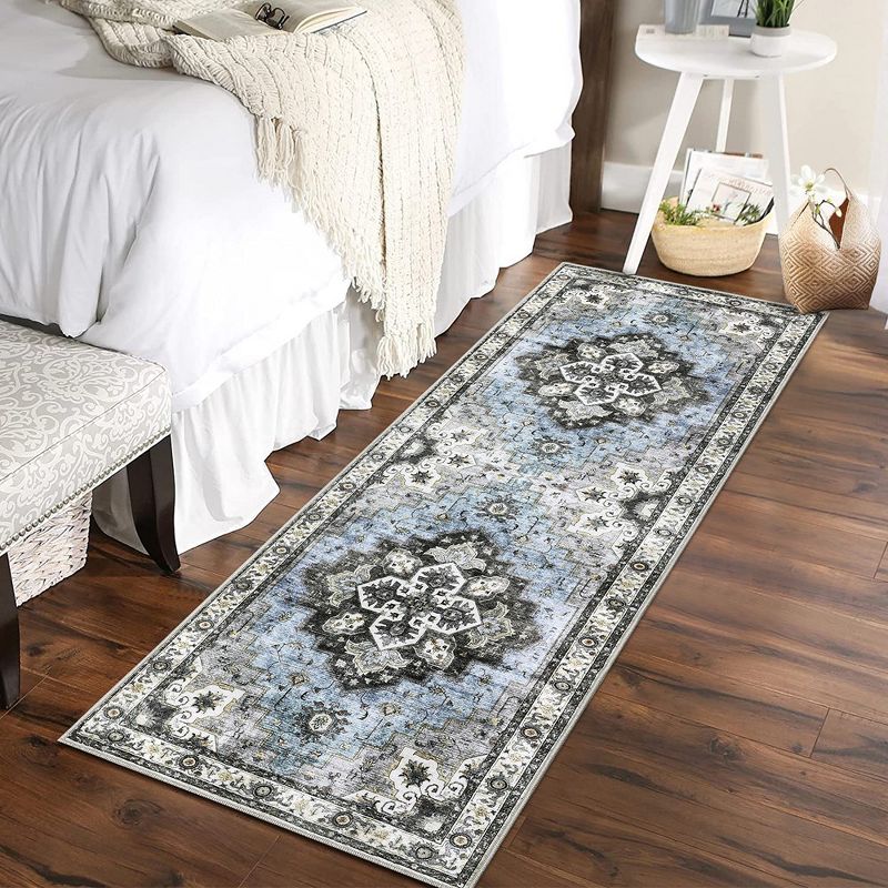 Washable Boho Area Rugs for Living Room Bedroom Vintage Persian Medallion Rug Non Slip Low Pile Carpet, 1 of 9