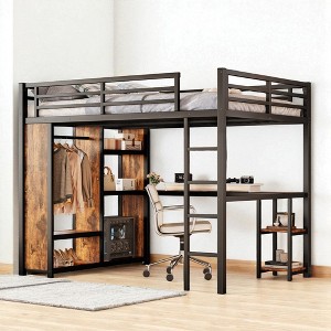 Queen Size Metal Loft Bed with Built-in Wardrobe, Desk and Storage Shelves, Space-Saving Workstation Loft Bed Frame,kids bed - 1 of 4