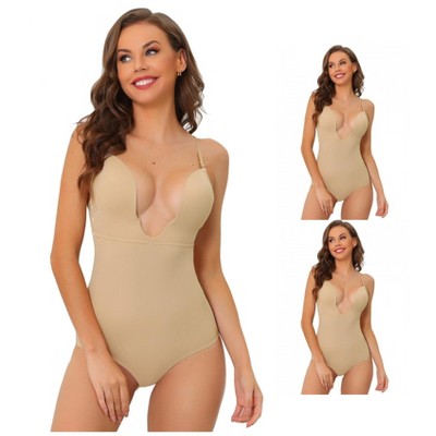 INSPIRE CHIC Women's U Plunge Leotard Jumpsuit Top Tummy Control Built-in Bra Full Shapewear Bodysuit 3 Packs