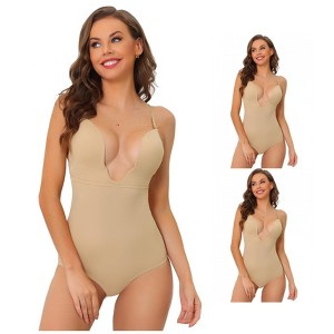 INSPIRE CHIC Women's U Plunge Leotard Jumpsuit Top Tummy Control Built-in Bra Full Shapewear Bodysuit 3 Packs - 1 of 4