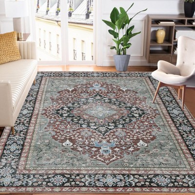 Area Rug 8x10 Rugs for Living Room Non Slip Washable Rug Ultra-Thin Retro Medallion Floor Carpet Oriental Distressed Stain