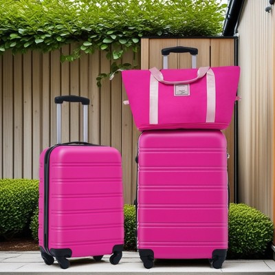 FURNIinspire Bag And Luggage Sets 3 Piece Suitcase Set Spinner Suitcases With TSA Lock And Tote Bag, Lightweight Luggage Sets, Pink, 20" 24"