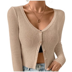 Clearlove Women's Short Button-Front Cardigan with V-Neck - 1 of 4