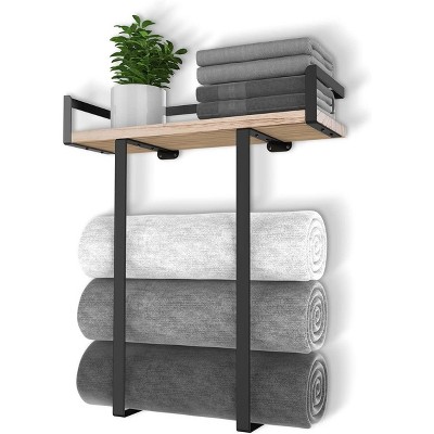 Attop Towel Racks for Bathroom Wall Mounted Metal Towel Holder with Wooden Shelf for Folding Large Towels, Towel Storage