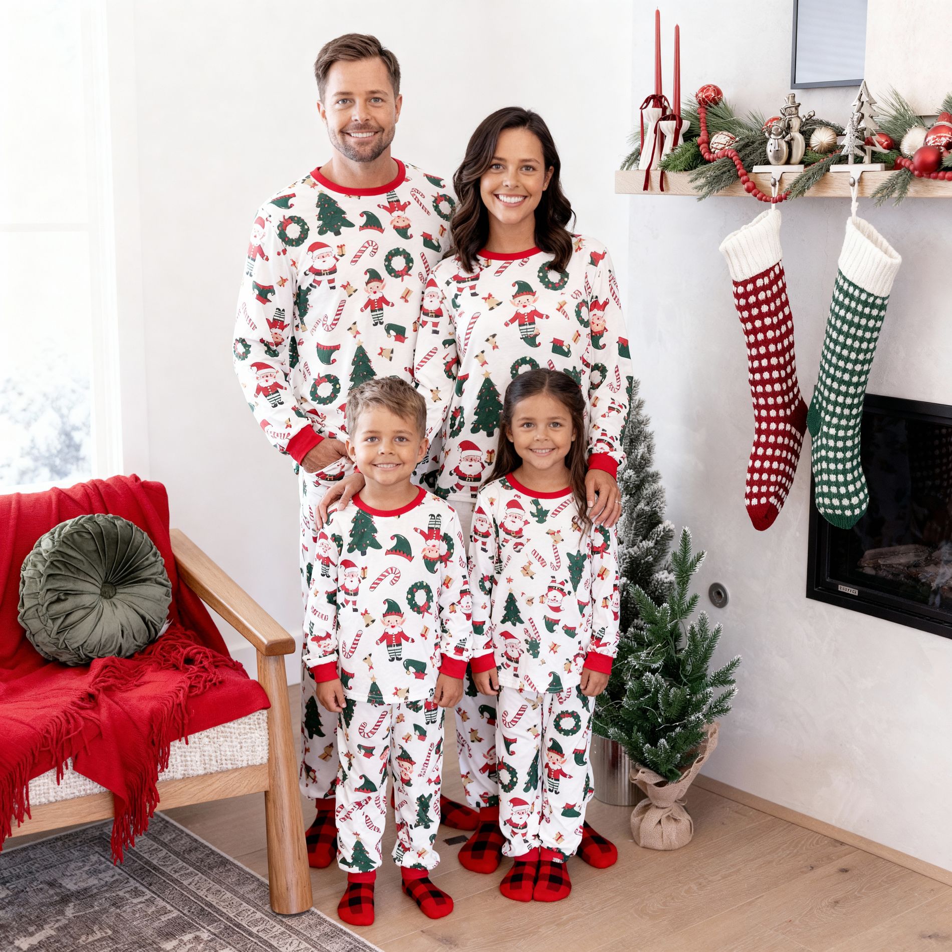 PATPAT Christmas Matching Family Pajamas Set Santa Claus and Christmas TreePrint White PuS with Christmas Socks White