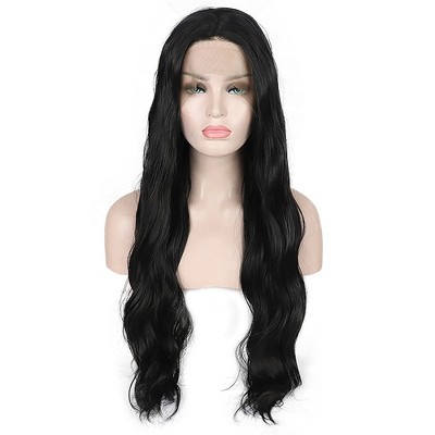 Unique Bargains Women's Long Body Wave Lace Front Wigs with Wig Cap 24" Black 1PC
