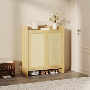 Rattan Shoe Cabinet for Entryway, Wooden Shoe Rack Freestanding Storage Cabinet with Adjustable Shelves for Living Room Hallway - 1 of 4