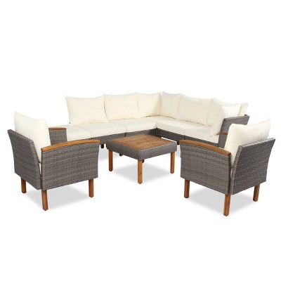 Nestfair 9pc Outdoor Conversation Set With Acacia Wood Legs and Tabletop Beige