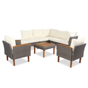 Nestfair 9pc Outdoor Conversation Set With Acacia Wood Legs and Tabletop Beige - 1 of 4
