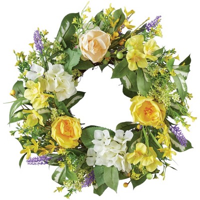 Collections Etc Yellow Rose Garden Hanging Spring Wreath