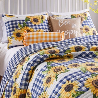 Blue and Yellow Sunflower Reversible King Microfiber Quilt Set