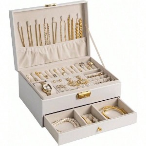 Women's Jewelry Box - Large PU Leather Organizer with Two Layers for Earrings, Bracelets, Rings, Watches White - 1 of 4