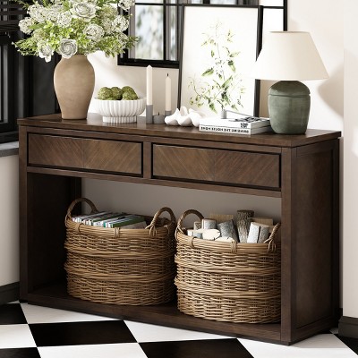 Natural Wooden Console Table,Entryway Table With Storage Drawers And Open Shelf,MDF Living Room Console Table-Cuddlewood
