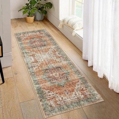 Runner Rug for Hallways Machine Washable Vintage Distressed Rug Non-Slip Low Pile No-Shedding Easy-Clean Bedside Accent Carpet Indoor