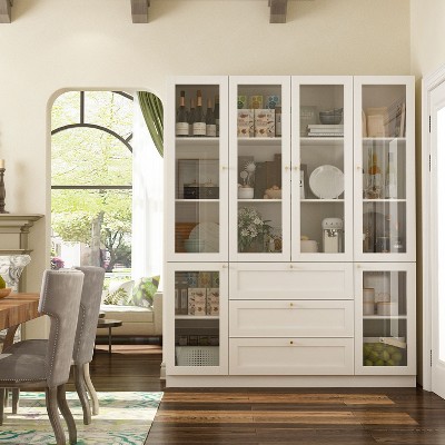 FUFU&GAGA White 5-Shelf Storage Cabinet 6 Glass Door Gold Cone Pulls with 3 Drawers
