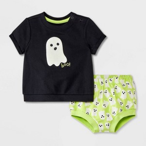 Baby Girls' Halloween Ghost Top & Bloomer Set - Cat & Jack™ Black - 1 of 4