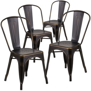 Emma and Oliver Commercial Grade 4 Pack Distressed Metal Indoor-Outdoor Stackable Chair - 1 of 4