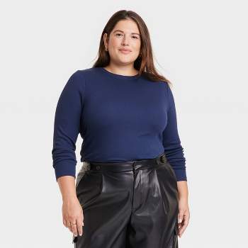 Women's Long Sleeve Slim Fit Crewneck T-Shirt - A New Day™ Navy Blue XXL