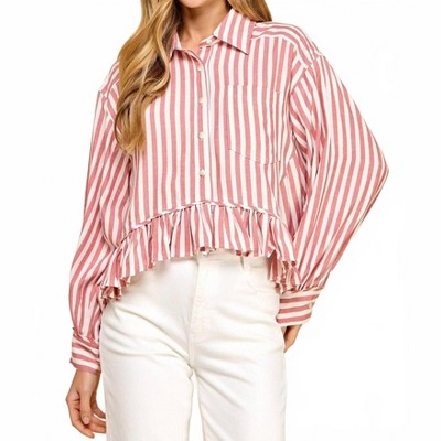 Women's Striped Button Up Ruffled Hem Shirt - TCEC