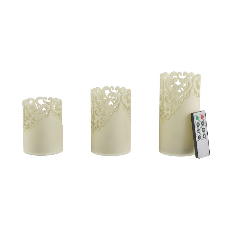Remote Control LED Candles - Set of 3 Battery-Operated Realistic Flameless Pillars with Lace Details and Vanilla-Scented Wax by Lavish Home, 2 of 9