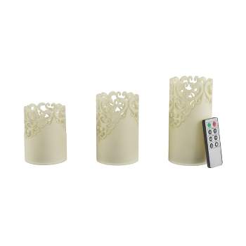 Hastings Home Lace-Detailed Flameless Remote-Controlled Candles - Vanilla Scented, Set of 3