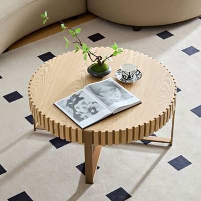 ALEXOUN 31.5 Inch Round Wood Coffee Table - Stylish Vertical Texture Relief,Easy to Use & Metal Cross Base,for Living Room,Bedroom,Home Office