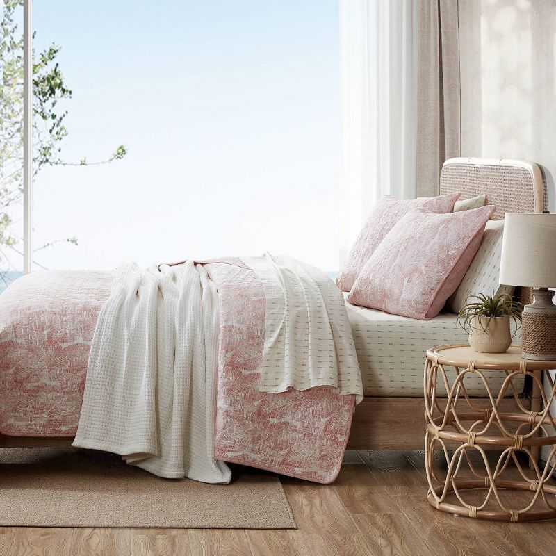 Tommy Bahama 3pc Full/Queen Distressed Water Leaves Cotton Quilt Set Pink Coral, 4 of 8