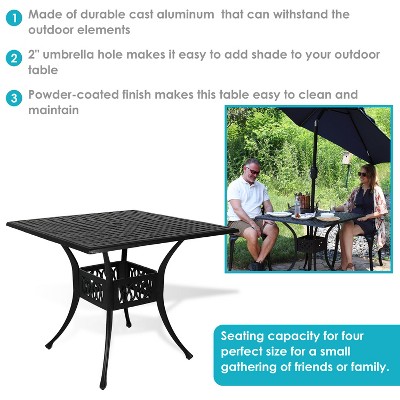 Black Cast Aluminum Square Outdoor Dining Table with Umbrella Hole