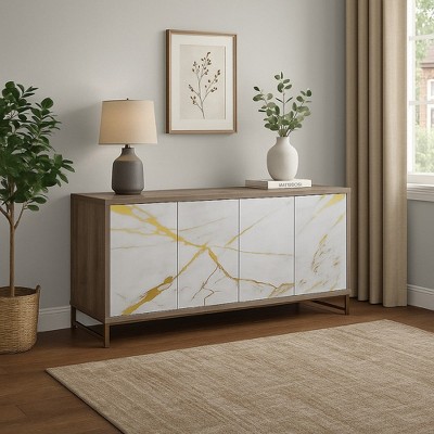 Royal Hampton Sideboard Console Cabinet, White Marble Look 4 Door Brown 65 Inch
